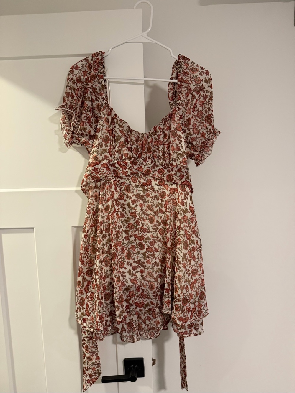 Cream Mini Dress with Rust Floral Print - Smocked Waist